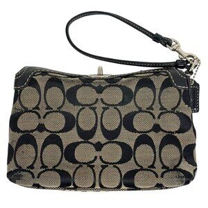 Coach Signature Logo Jacquard Wristlet Black Leather Trim Turn Lock Hang Tag